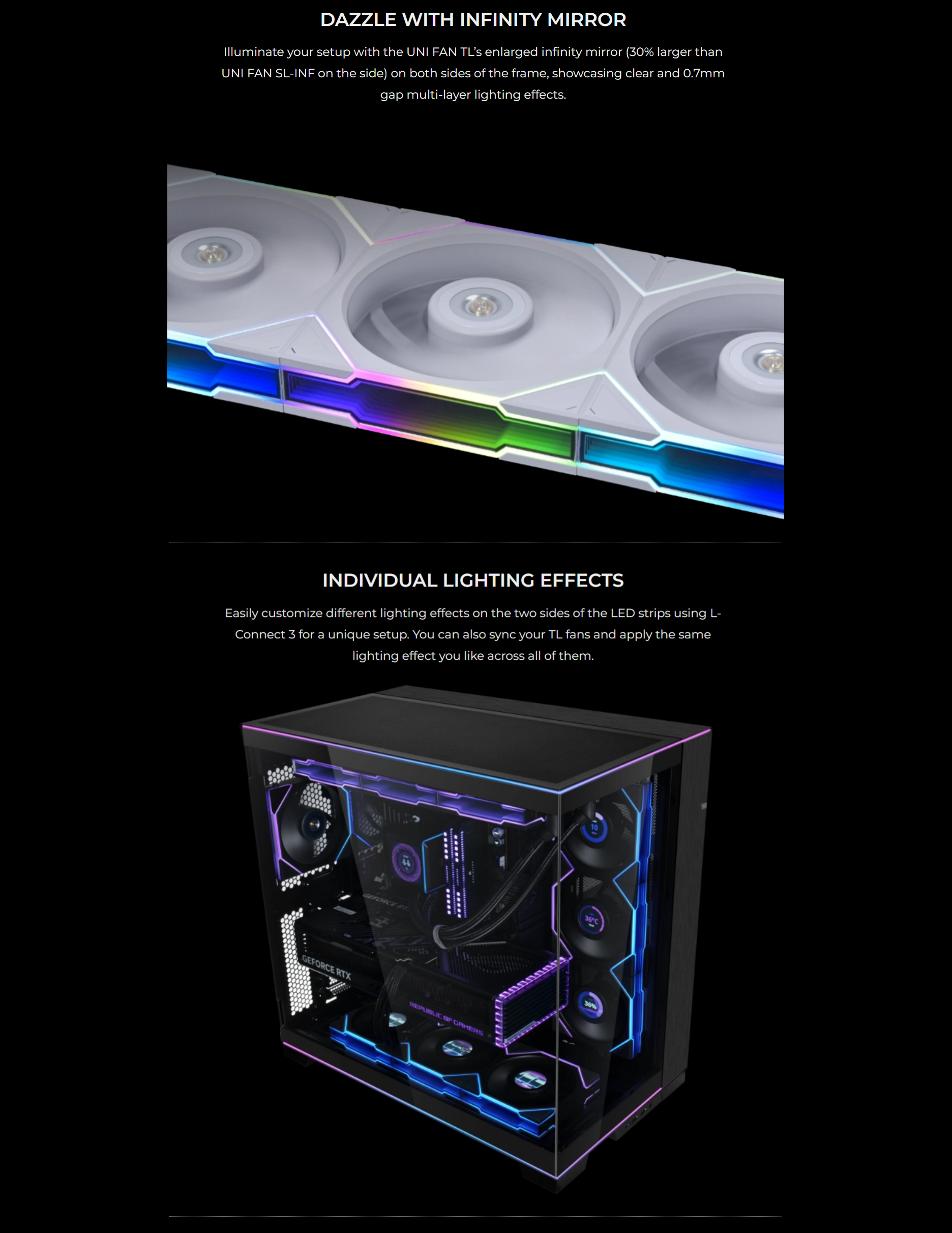 A large marketing image providing additional information about the product Lian Li UNI Fan TL 120 Reverse Blade 120mm Fan Triple Pack - Black (Controller Included) - Additional alt info not provided